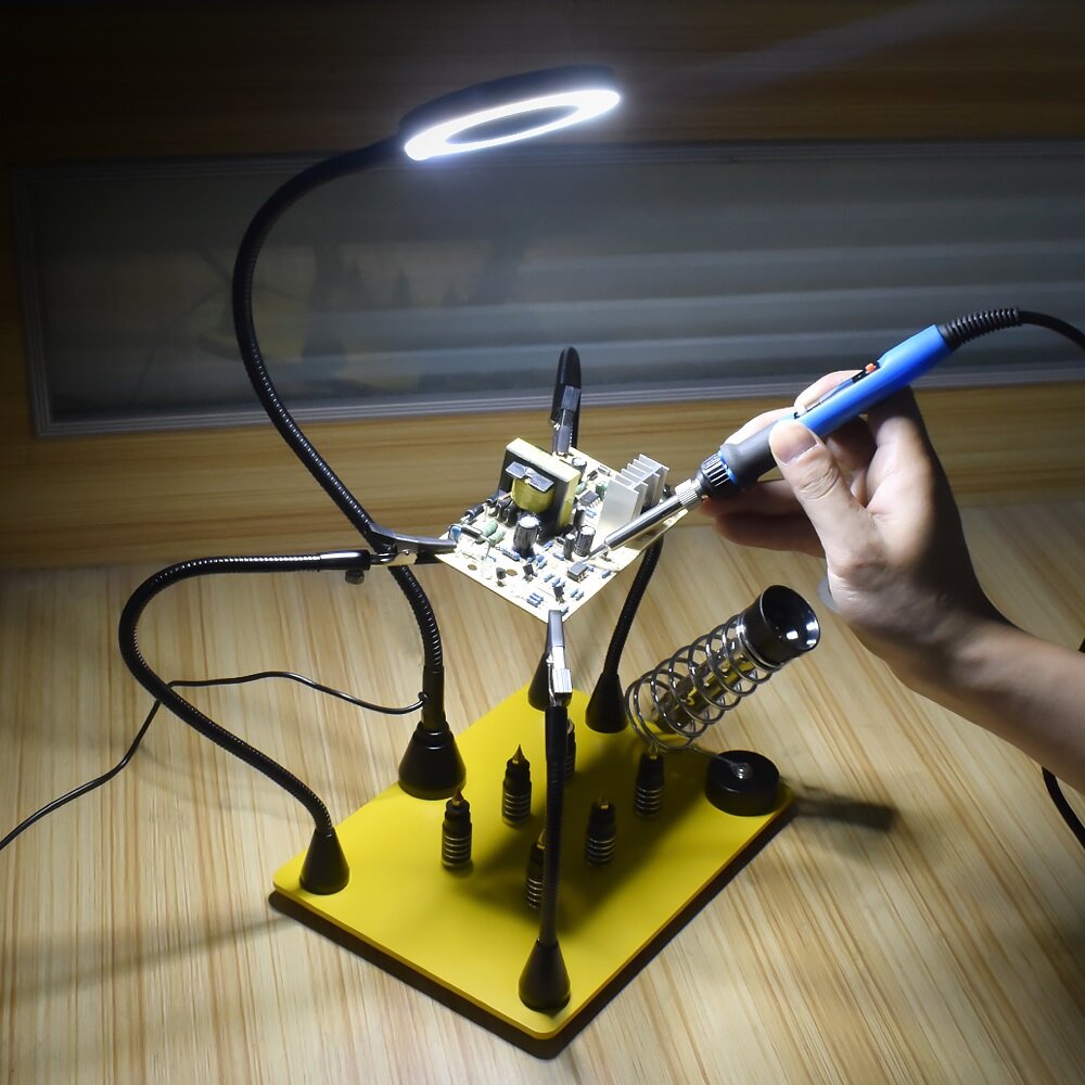 NEWACALOX Magnetic Base Soldering Welding Third Hand PCB Holder with 3X LED Illuminated Magnifier La
