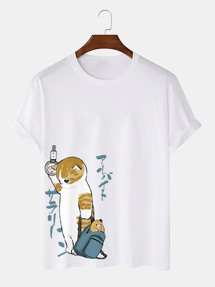Mannen Japanse stijl Kat Print Crew Neck Katoen Korte Mouw T-Shirts