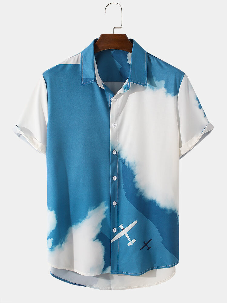 Mens Casual Sky Cloud Print Short Sleeve Shirts