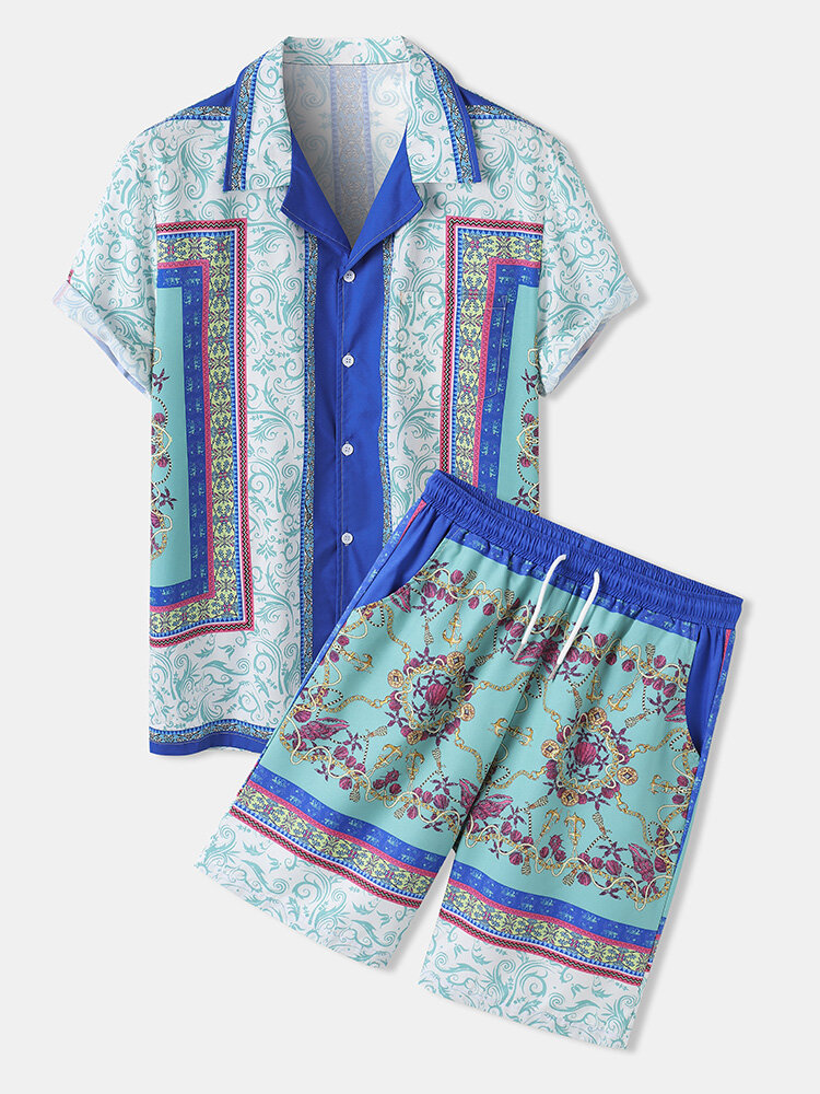 

Mens Casual Baroque Style Suit Ethnic Pattern Print Shirts Shorts