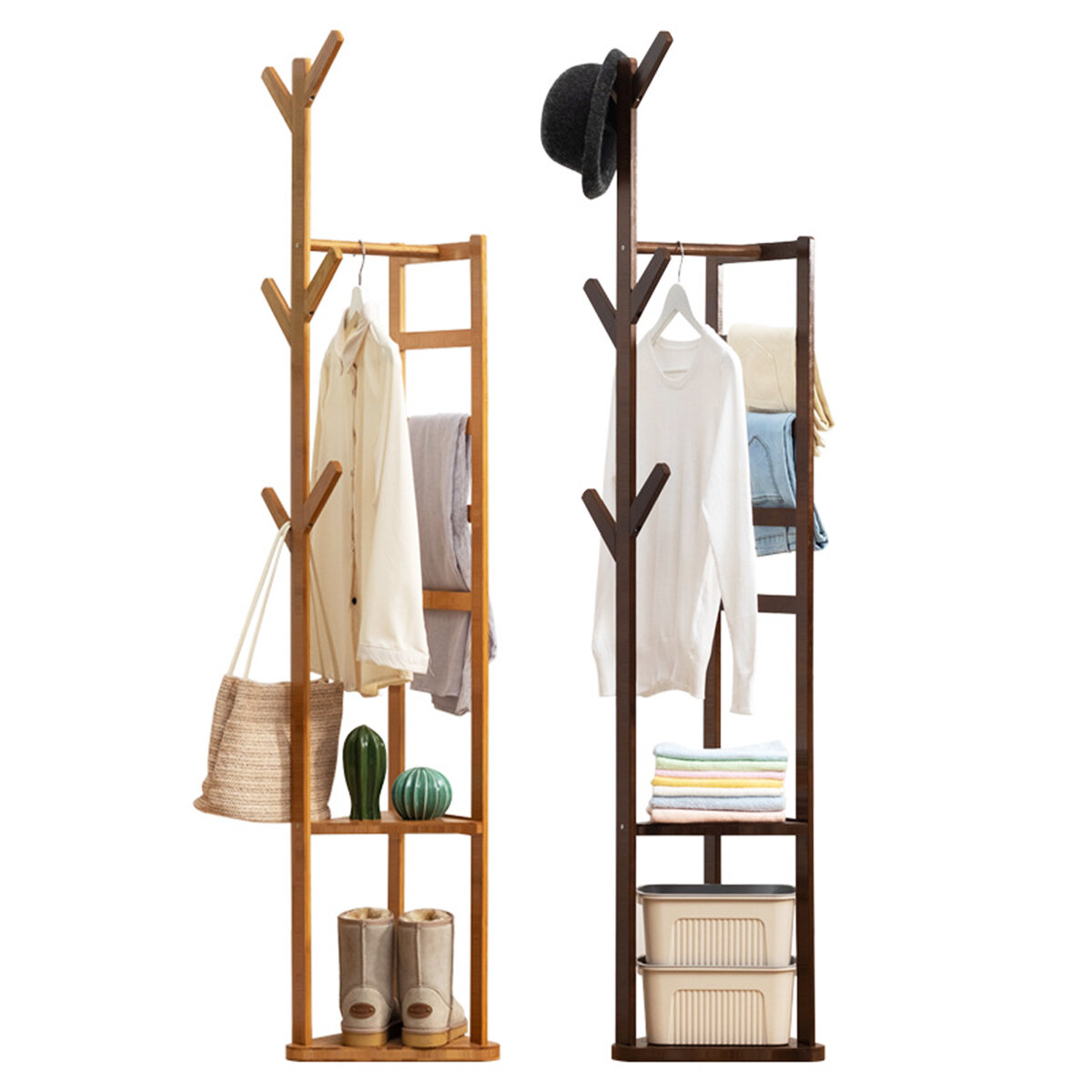 Garment Coat Rack Stand Clothes Wooden Hanger Hat Bag Umbrella Hook Holder Shelf