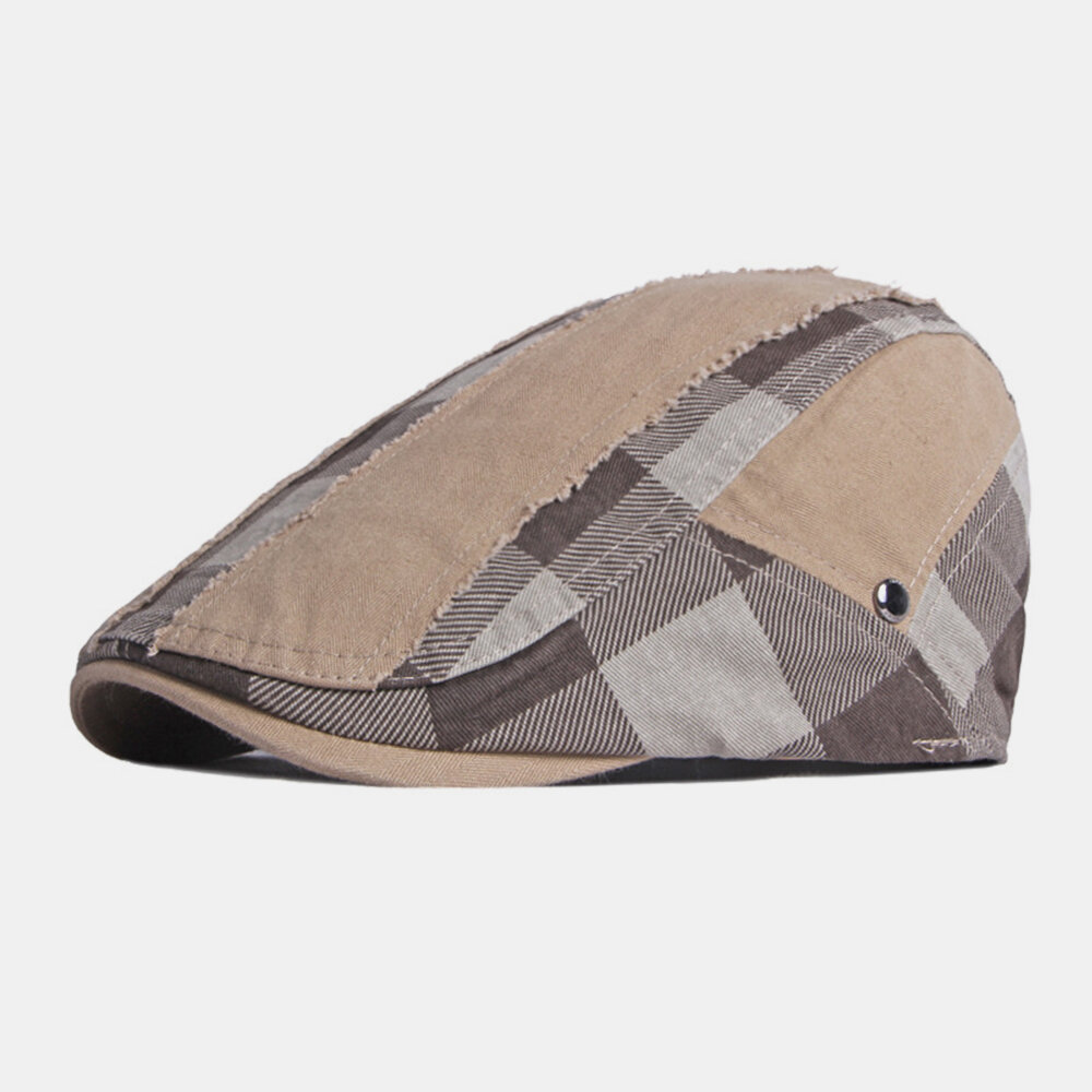 

Men Cotton Lattice Stitching British Style Casual Sunshade Beret Cap Flat Hat Forward Hat