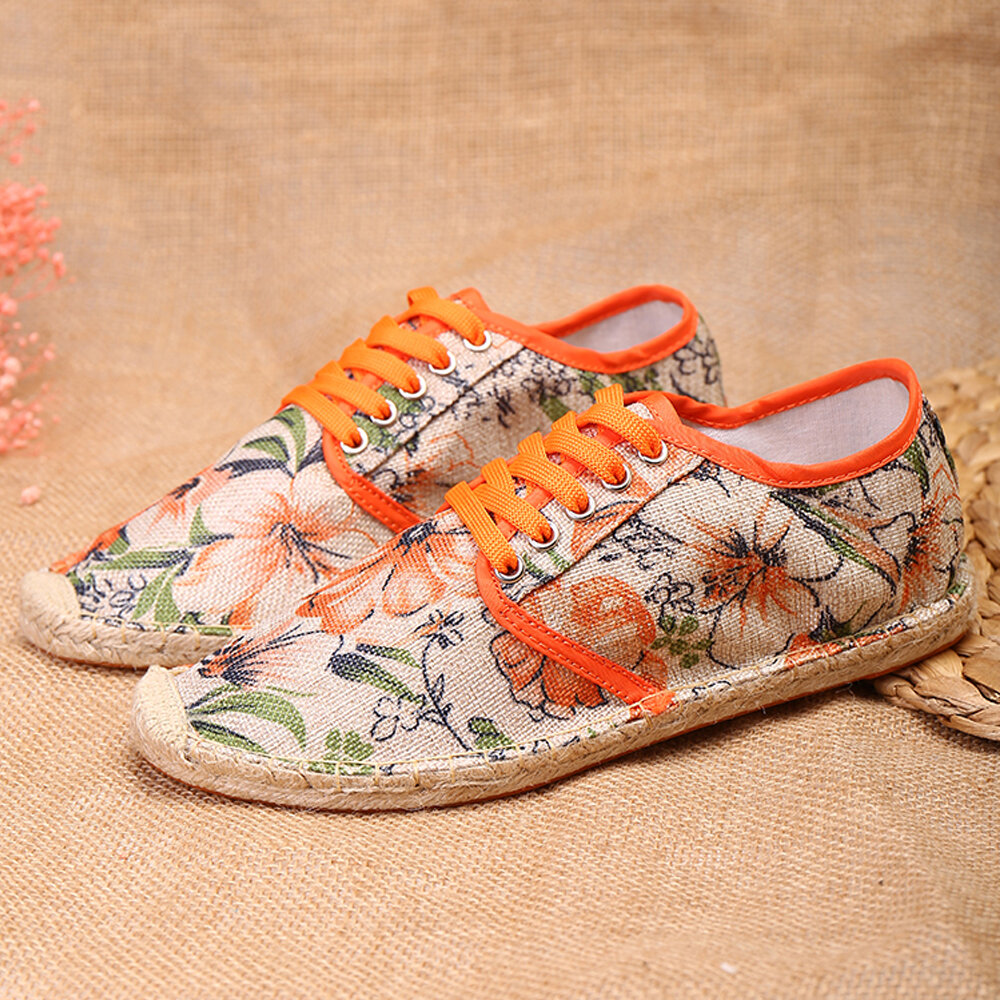 

SOCOFY Floral Printed Linen Cloth Comfy Breathable Wearable Lace Up Casual Espadrille Shoes