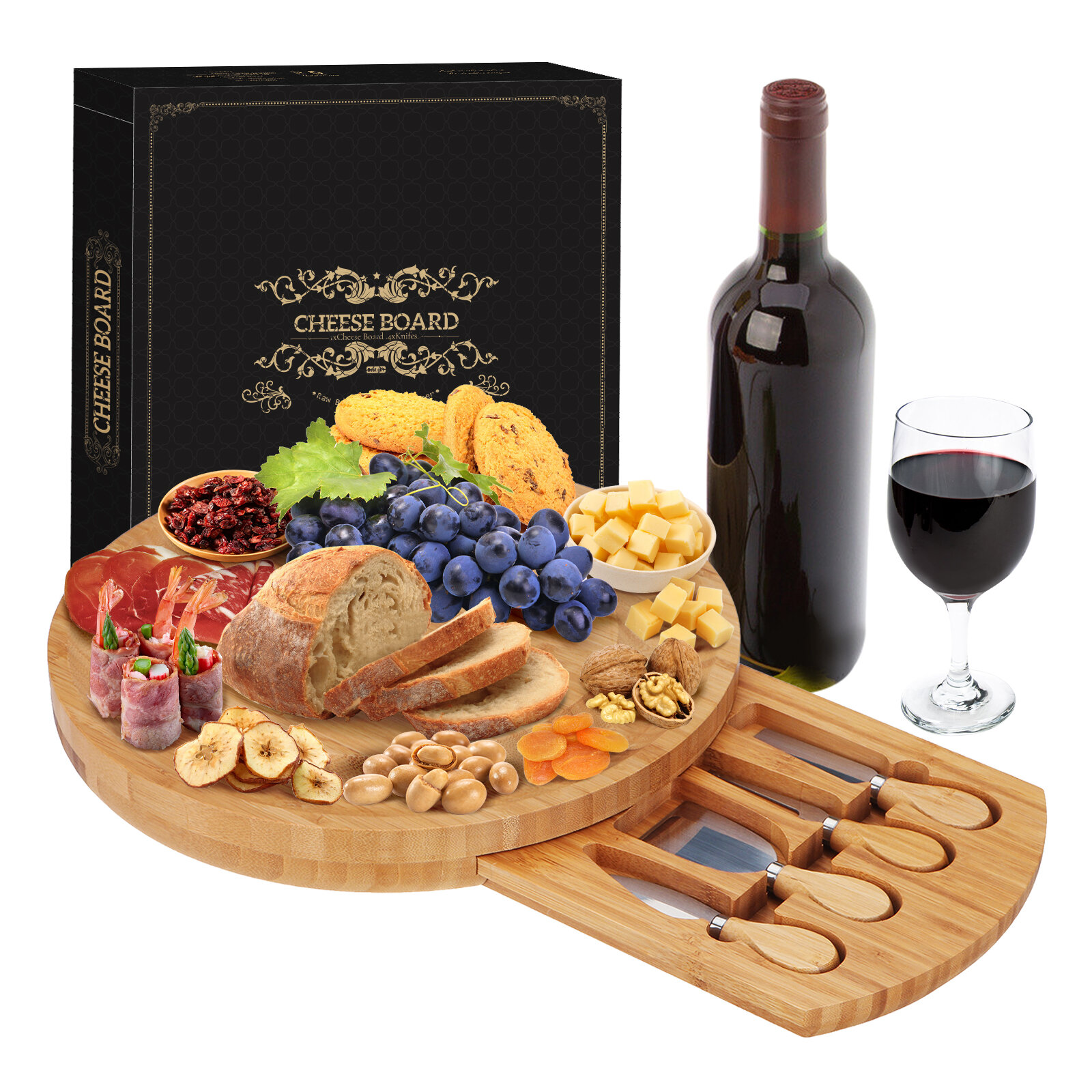 Cheese Cutting Board and Cheese Serving Platter Bamboo Tray and Knife Set Included 4 Steel Knife Fou