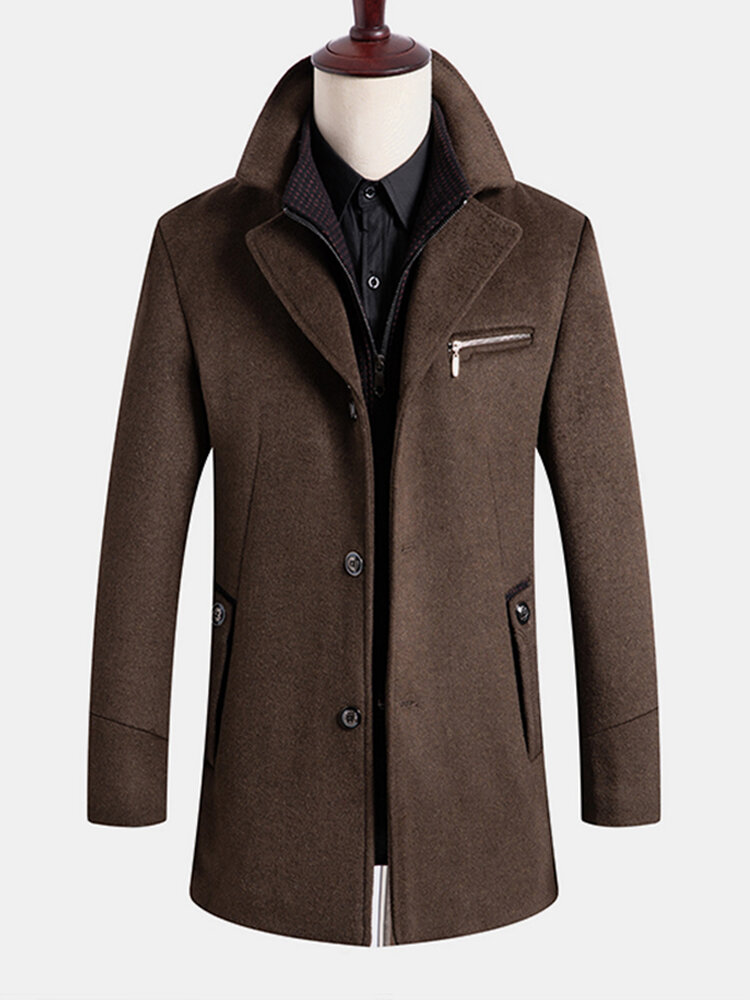 Mens single-breasted business mid-length woolen trench coats with ...