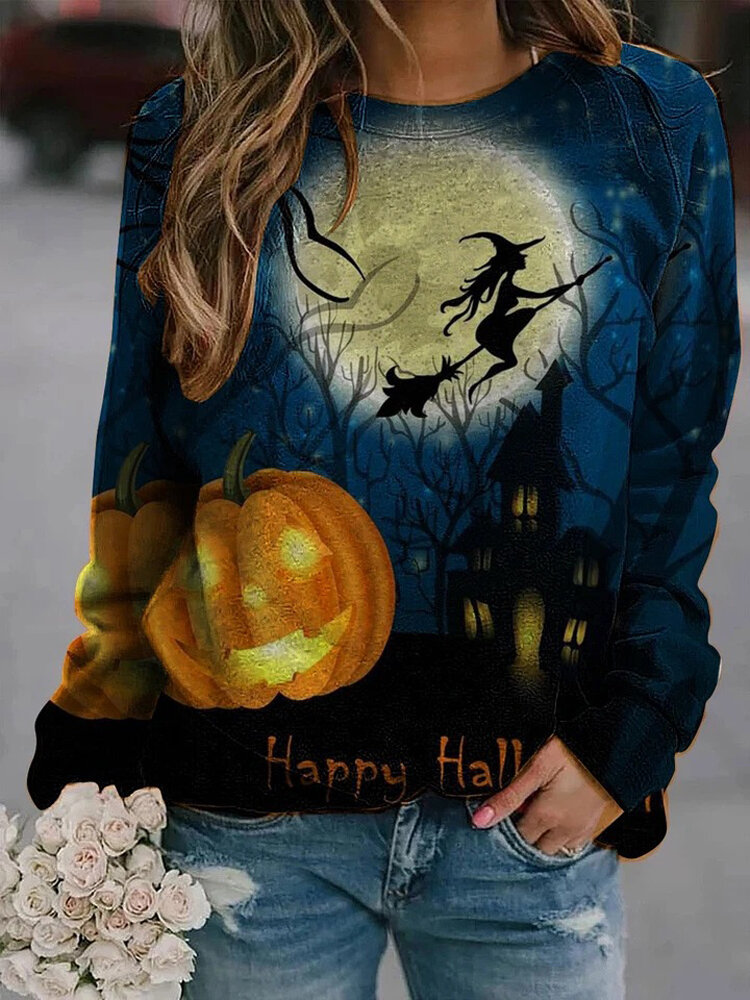 Dames Halloween Element Allover Print Ronde hals Losse pullover-sweatshirts
