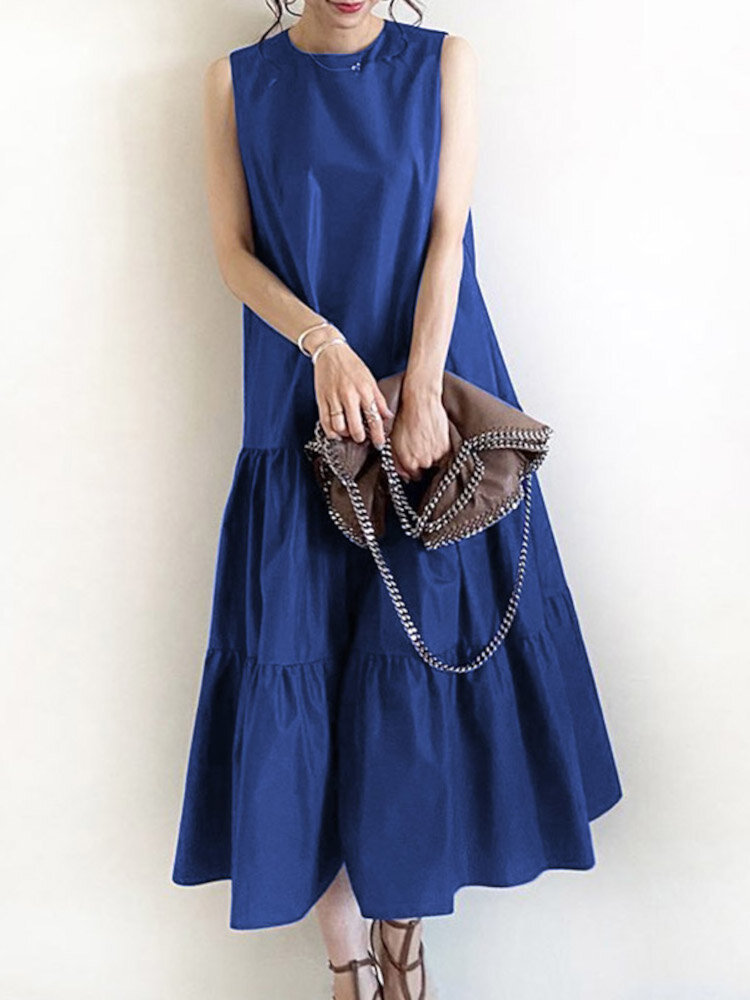 Women Sleeveless Solid Color O-neck Casual Layered Maxi Dress