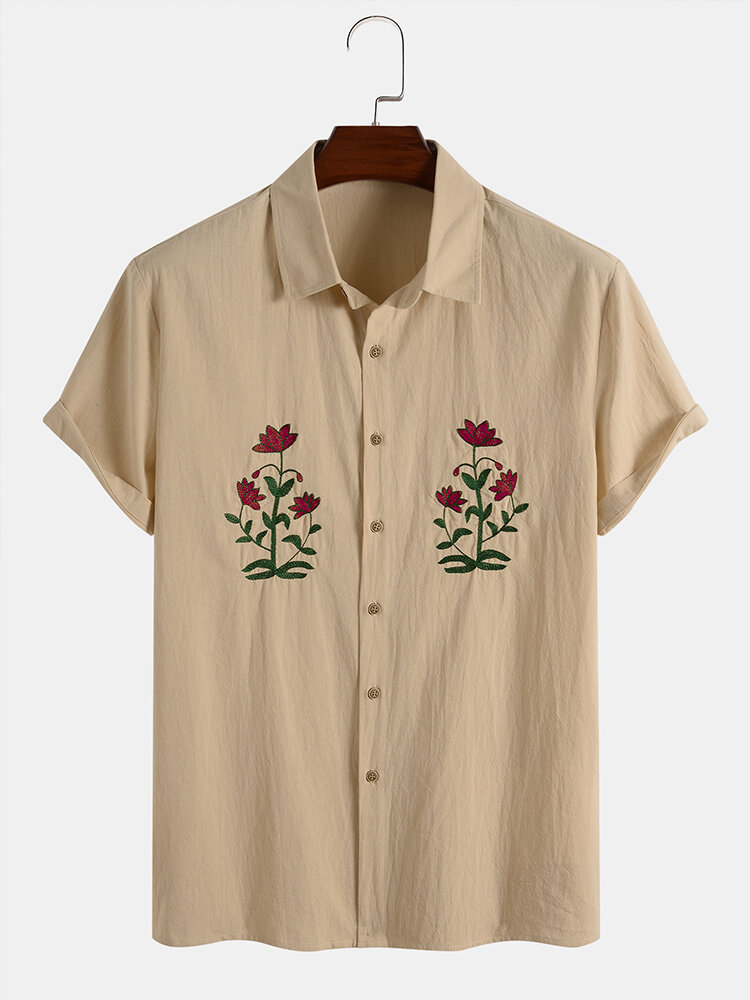 Mens Rose Embroidery 100% Cotton Casual Shirts