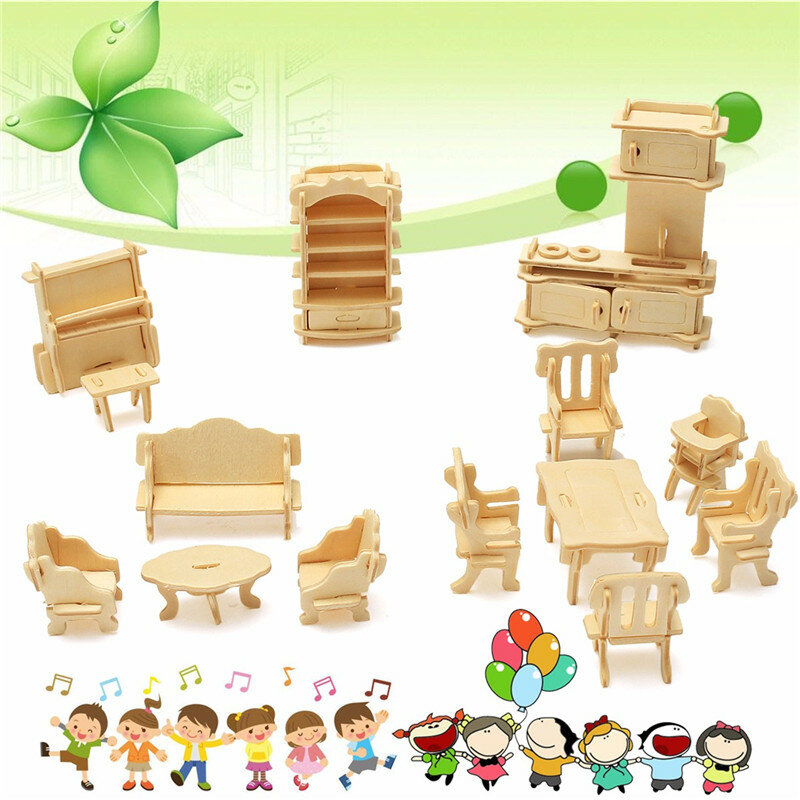 34 Pcs 3D DIY Wooden Miniature Dollhouse Furniture Model Unpainted Suite Toys