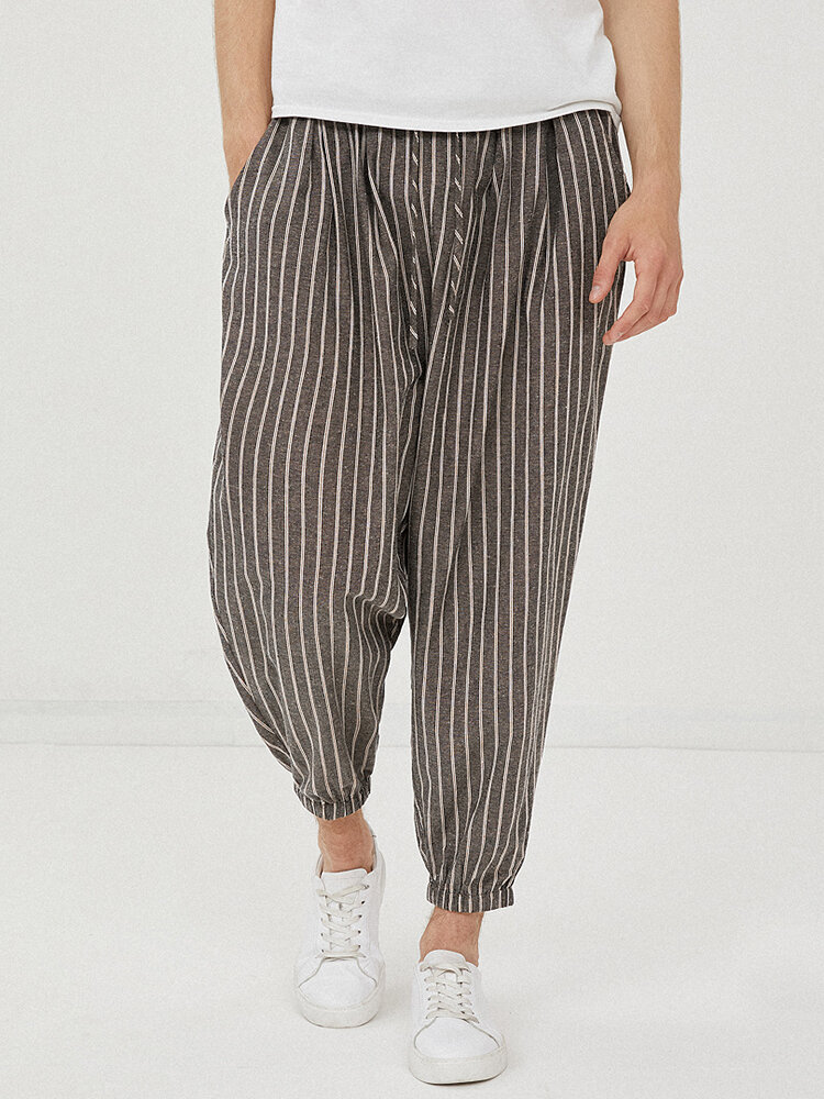 

Banggood Designed Mens Cotton Linen Vertical Stripe Loose Drawstring Elastic Ankle Harem Pants