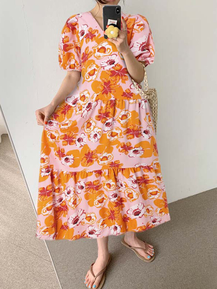 Bohemian Puff Sleeve Floral Splicing V-Neck Leisure Maxi Loose Dress For Women