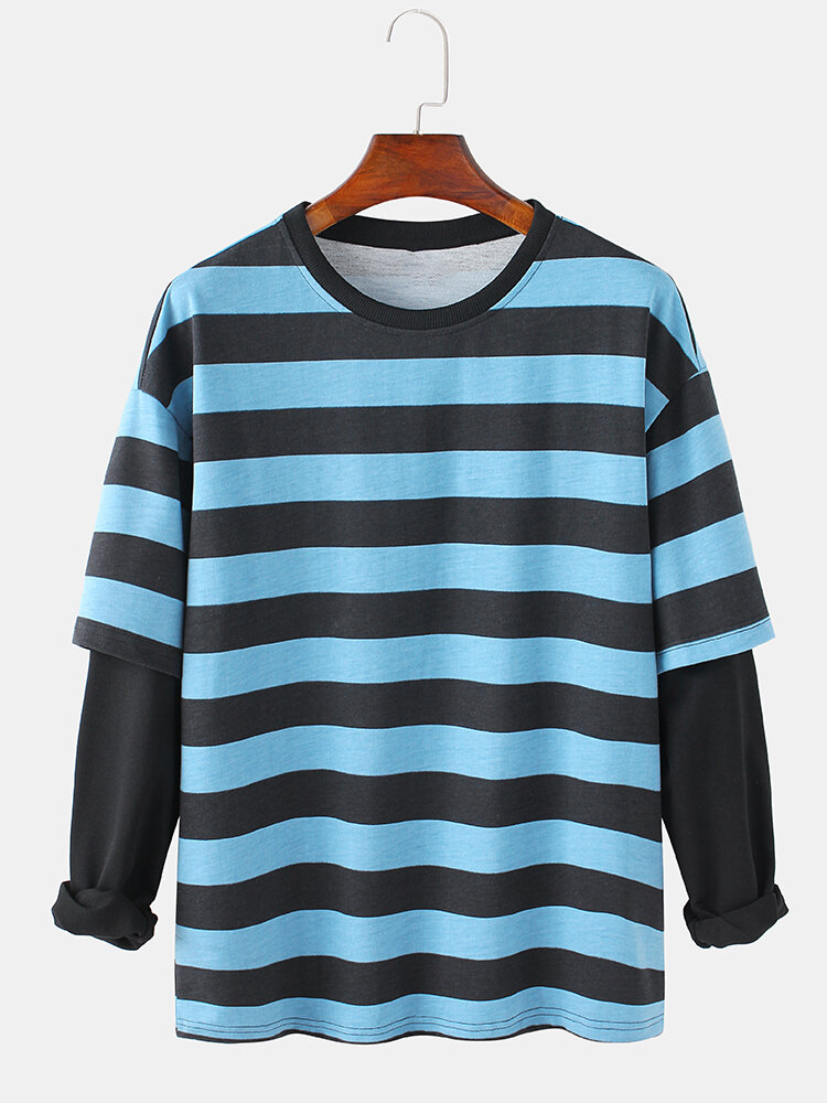 

Mens Cotton Horizontal Stripes Patchwork Doctor Sleeves Crew Neck Pullover Sweatshirts