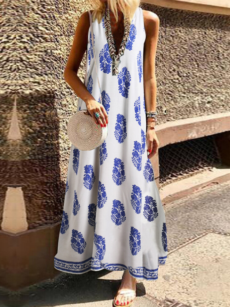 Boheemse vrouwen V-hals bloemenprint mouwloze maxi-jurk