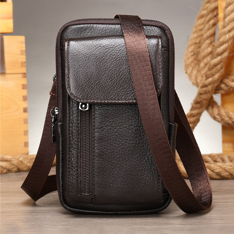 Men Retro Double Layer Cowhide Waist Bag Casual Wear-resistant 6.5Inch Phone Bag Belt Bag Crossbody Bag Shoulder Bag