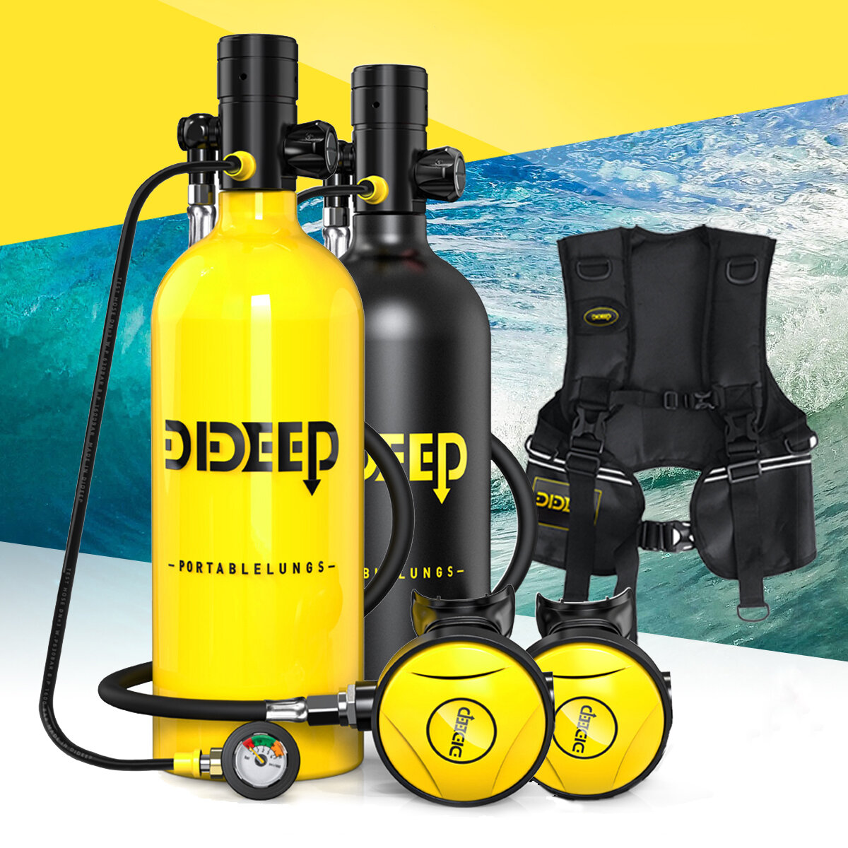 

DIDEEP X5000 Pro 2L Scuba Diving Tank Air Oxygen Cylinder Underwater Equipment with Vest Bag Long Pressure Gauge Kit
