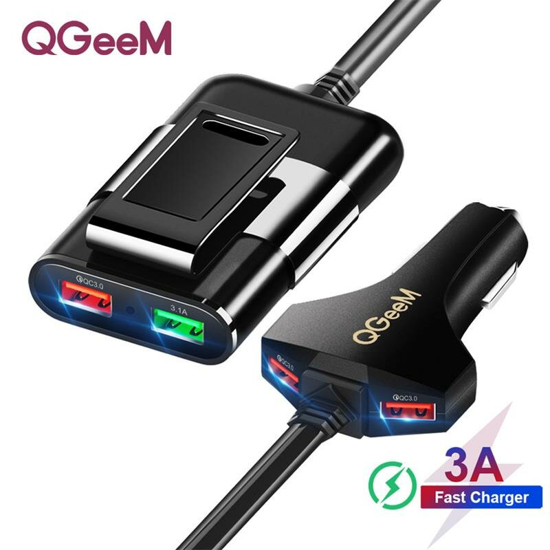 QGEEM CH13 QC 3.0 4 USB-autolader Veiligheid Hammer LED-indicator Sneloplaadadapter Autoaansteker-sl