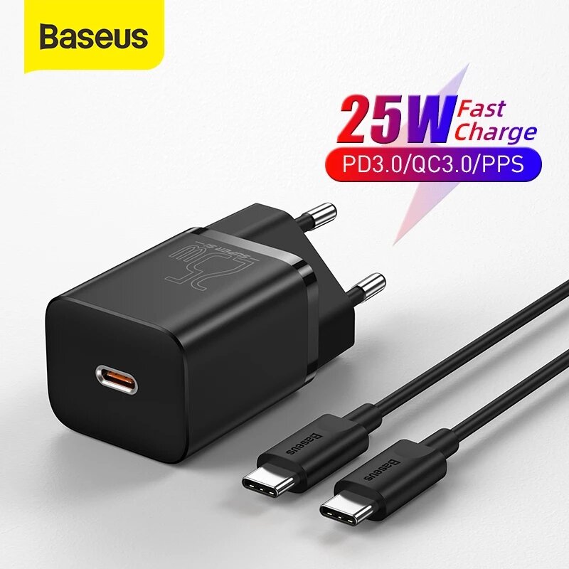 

Baseus 25W Super Si USB-C Mini PPS PD3.0 QC3.0 Fast Charger Wall Charger EU Plug Adapter With 3A Type-C to Type-C Cable