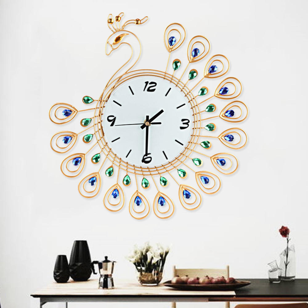 Large 3D Gold Diamond Peacock Wall Clock Metal Watch For Home Living Room Decoration DIY Clocks Craf