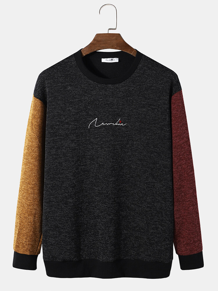 

Mens Dark Color Splicing Abstract Letter Embroidery Sweatshirt