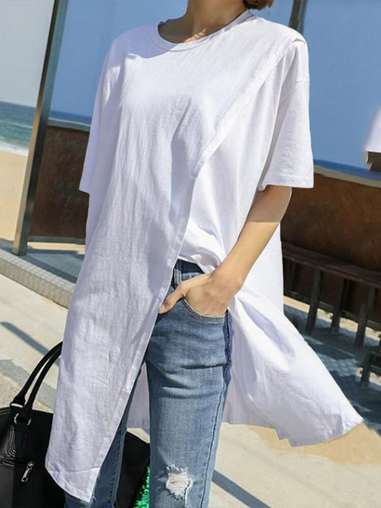 Women Solid Color O-neck Short Sleeve Split Casual T-shirts