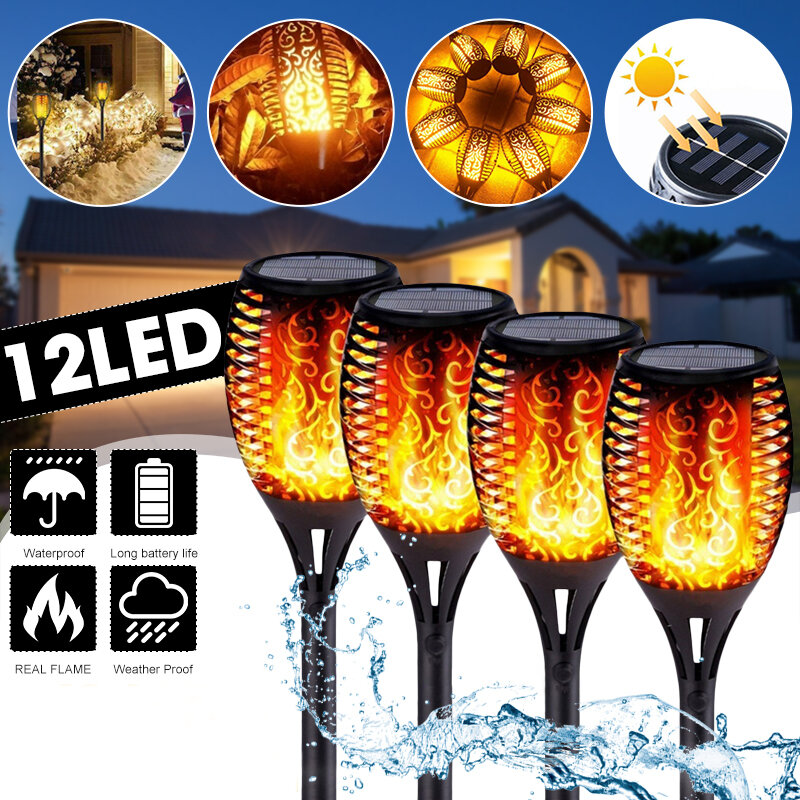 

4Pcs51CM 12LED Solar Flame Lawn Light Warm White Waterproof Outdoor Garden Fire Torch Lamp