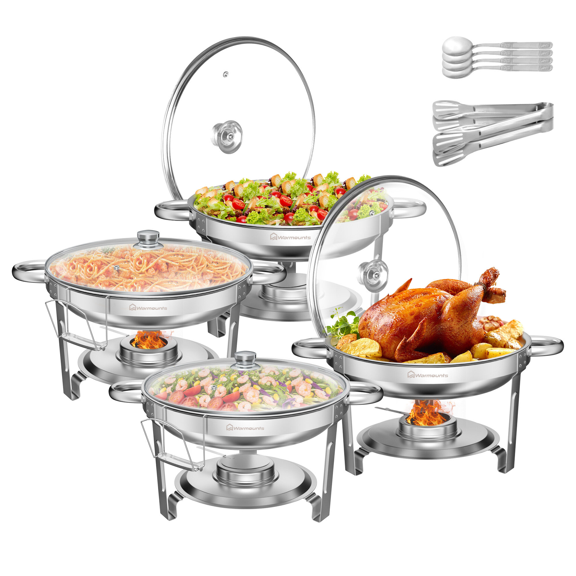 Conjunto de 4 Chafing Dish Buffet Warmounts, conjunto de servidores e aquecedores de buffet redondos de 5QT, aquecedor de comida em aço inoxidável com tampa de vidro e suporte para festas, casa, jardim, casamento