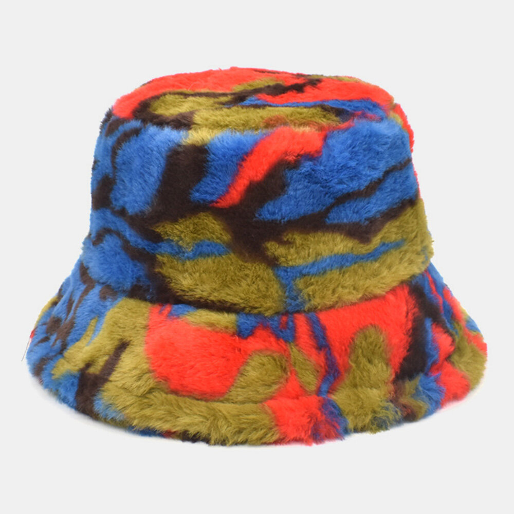 

Unisex Plush Color-match Irregular Stripes Tie-dye Thicken Warmth Bucket Hat