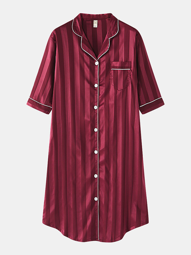 

Women Silk Vertical Stripes Chest Pocket Long Sleeve Shirt Nightdress