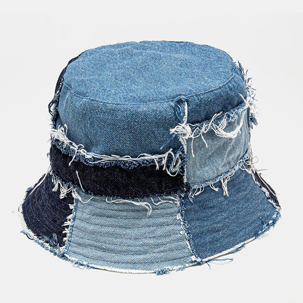 

Unisex Plaid Colorblock Denim Distressed Frayed Edge Casual Sunshade Foldable Flat Hats Bucket Hats