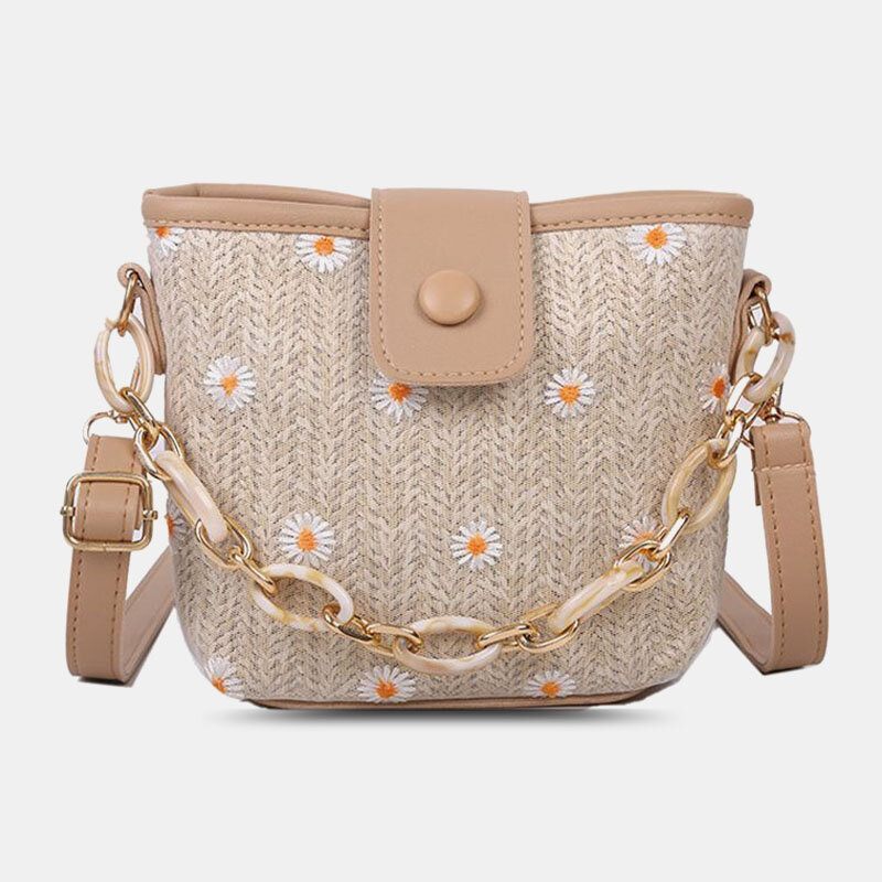 

Women Straw Lace Daisy Sunflower Pattern Print Chains Hasp Crossbody Bag Shoulder Bag Handbag