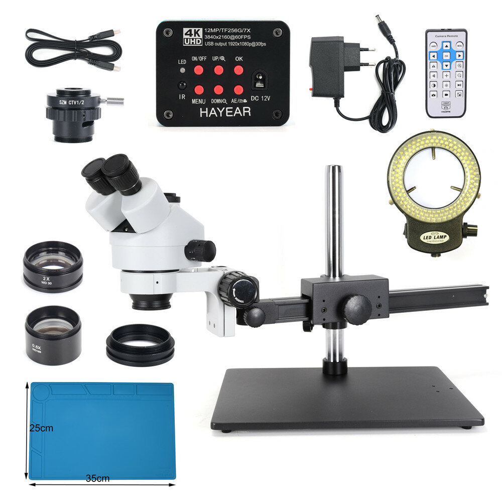 

HAYEAR 4K HDMI Microscope Camera + 7X-45X Articulating Arm Pillar Clamp Zoom Simul Focal Trinocular Stereo Microscope Fo