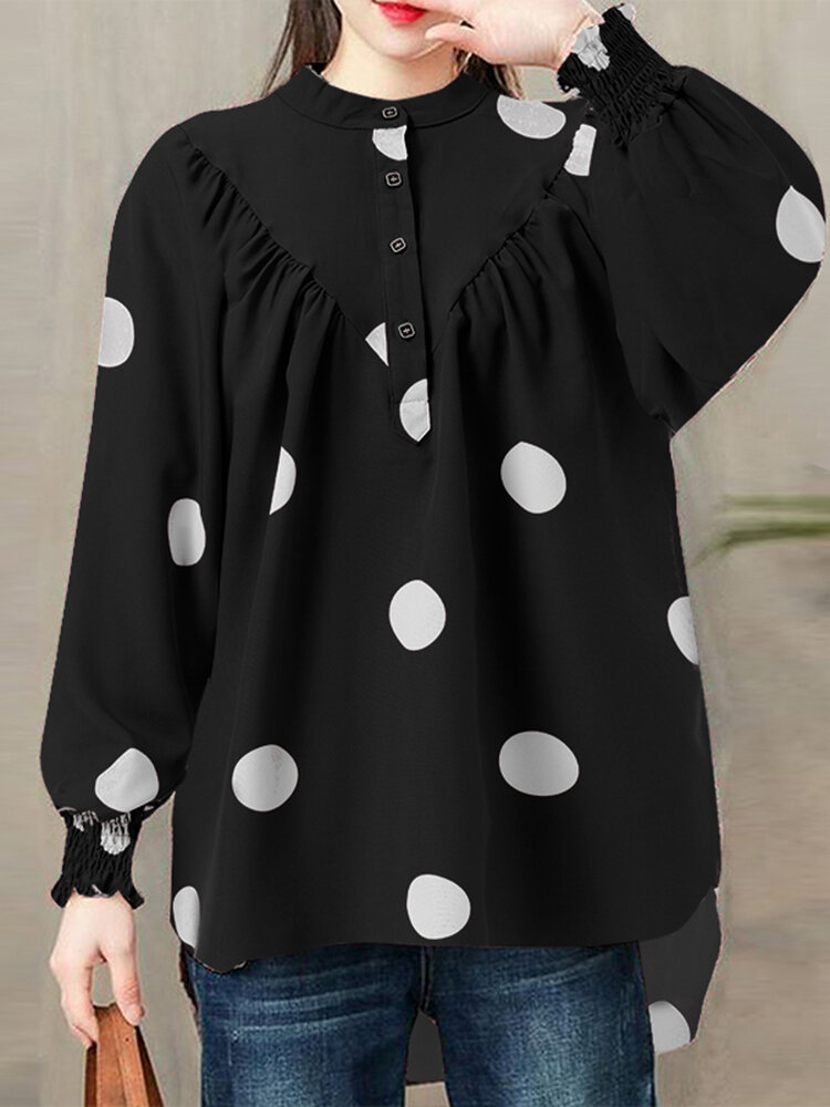 Polka Dot Ruched Button Lantern Sleeve Stand Collar Blouse