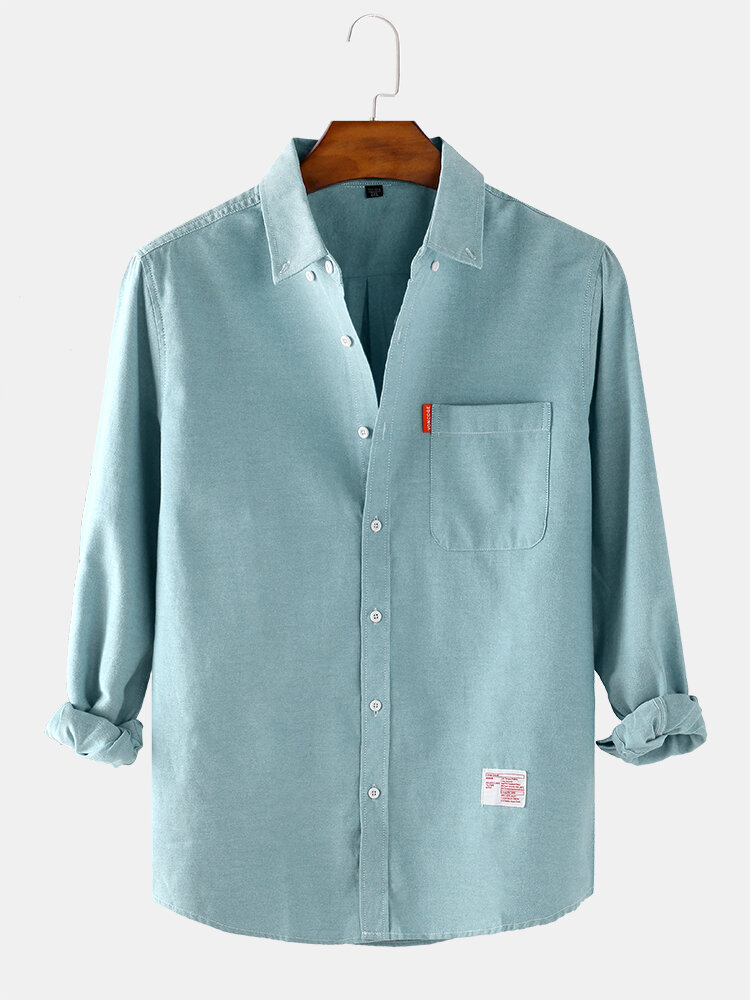 Mens Solid Color Cotton Loose Casual Long Sleeve Shirts With Pocket