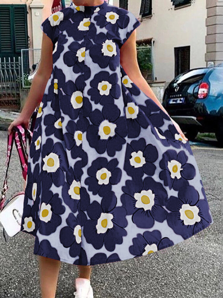 Women Allover Flowers Print Stand Collar Big Swing Short Sleeve Casual Midi Dress