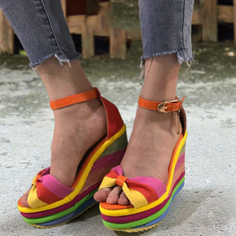 Women Rainbow Colorful Ankle Strap Bow Knot Buckle Platform Sandals