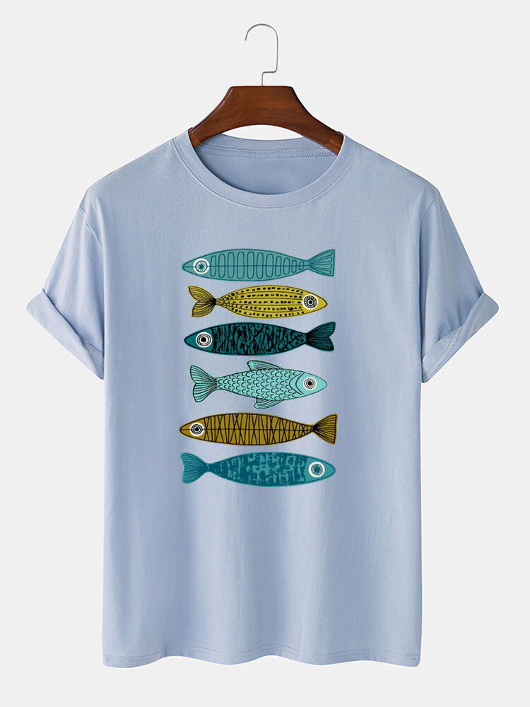 100% katoen grappige tegenovergestelde vissen Print korte mouw losse T-shirts