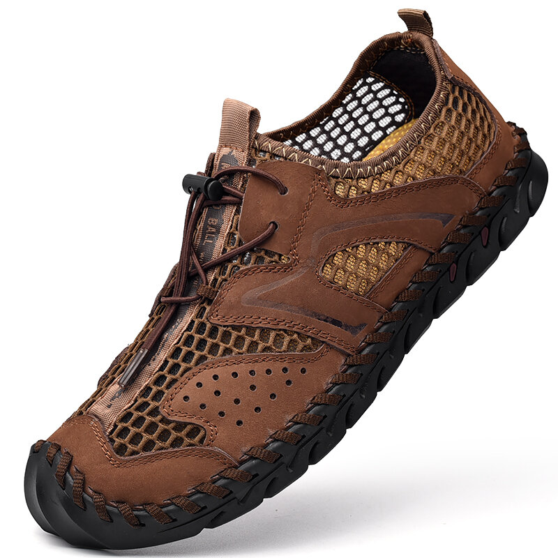 Men Leather Mesh Breathable Hand Stitching Soft Bottom Casual Outdoor Sandals