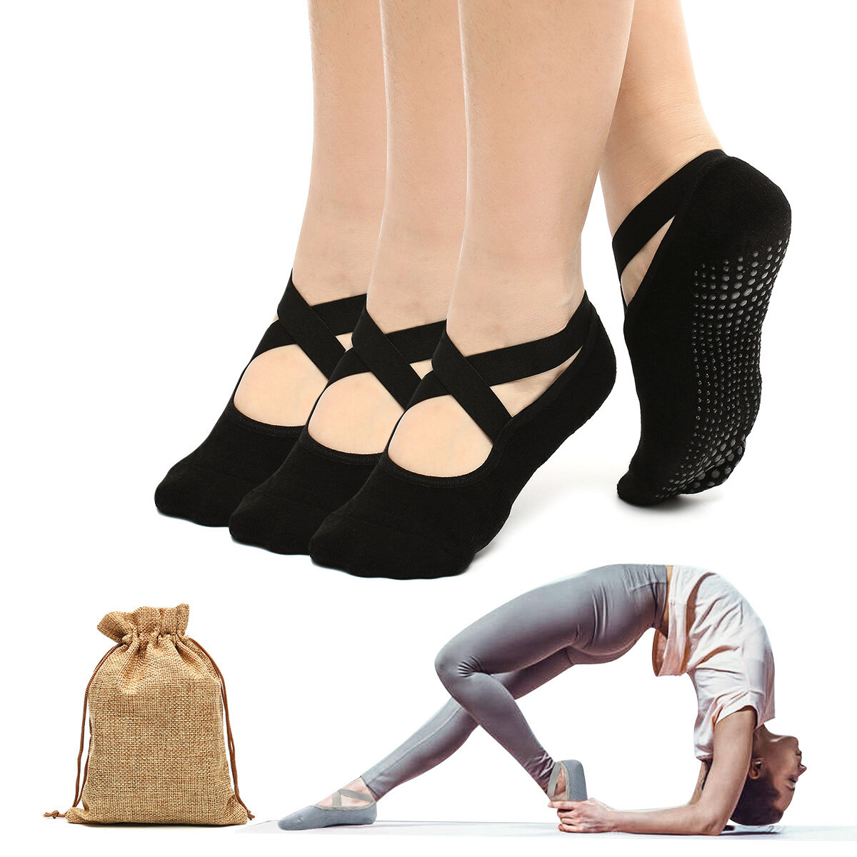 CHARMINER 2PCS/3PCS Çapraz Kayışlı Yoga Çorapları Kaymayan ve Nefes Alabilen Bale, Pilates ve Yoga için Uygun (Kadın)