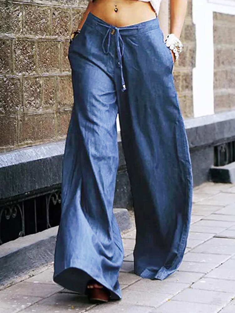 Women Casual Stylish Drawstring Waist Loose Wide Leg Jeans