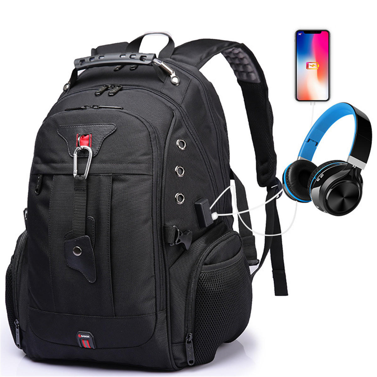 Waterproof USB Port Headphone Hole School Backpack Laptop Travel Bag 