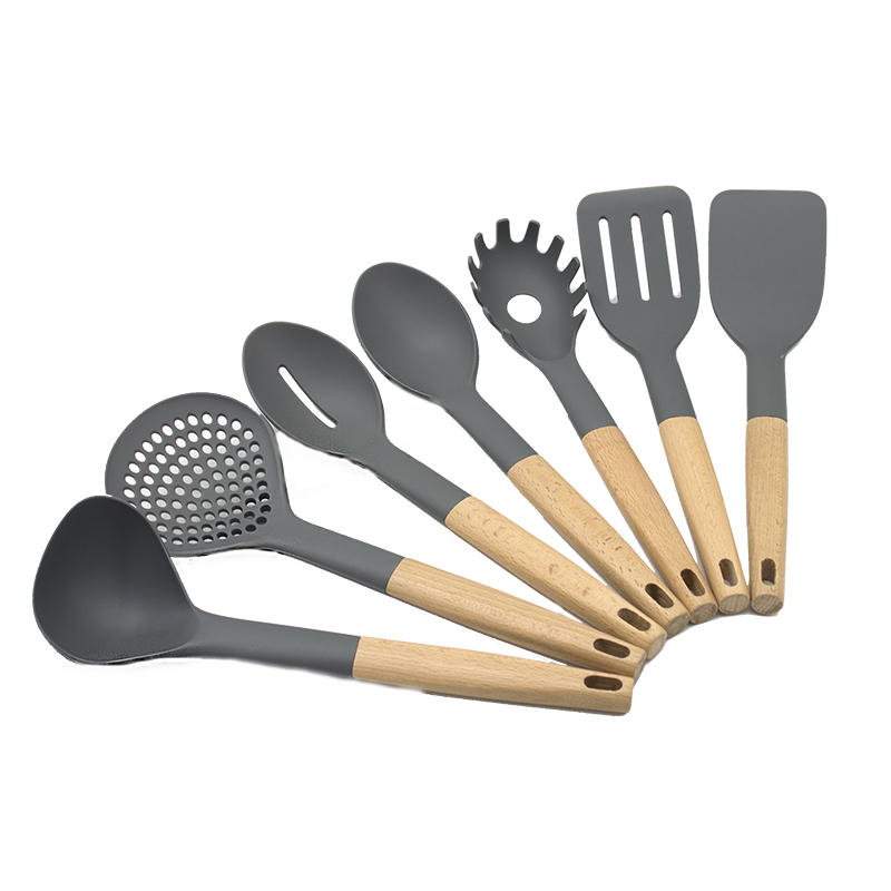 7 Pcs Wooden Handle Silicone Kitchenware Outdoor Camping Tableware Portable Multi Cooking Tools 