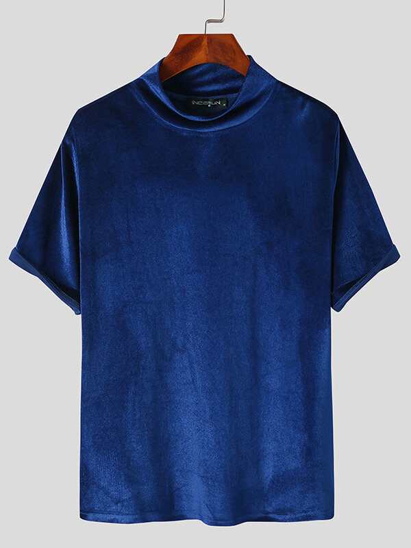 Mens Solid Color Suede High Neck Short-sleeved T-shirts