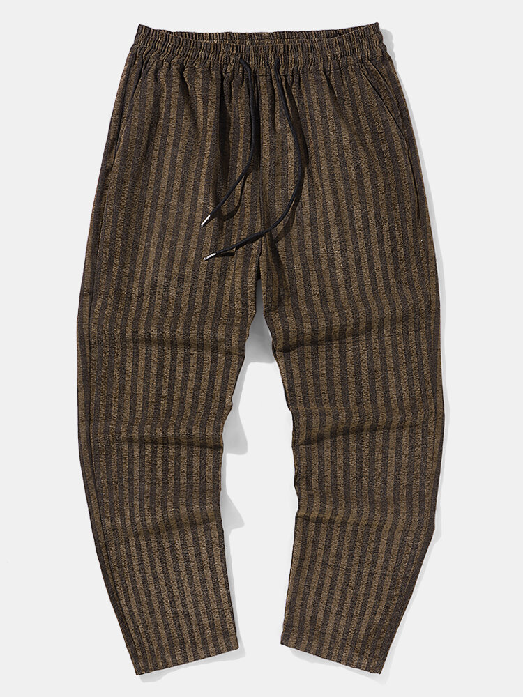 

Mens Vertical Striped Cotton Daily Drawstring Waist Pants