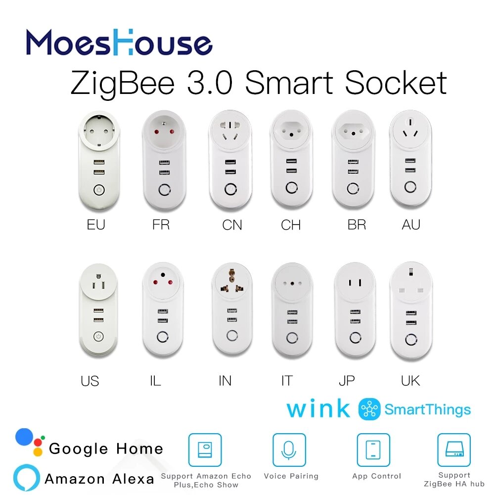 MoesHouse ZigBee3.0 Smart Socket Plug with 2 USB Interface Remote Voice Control Work with SmartThing