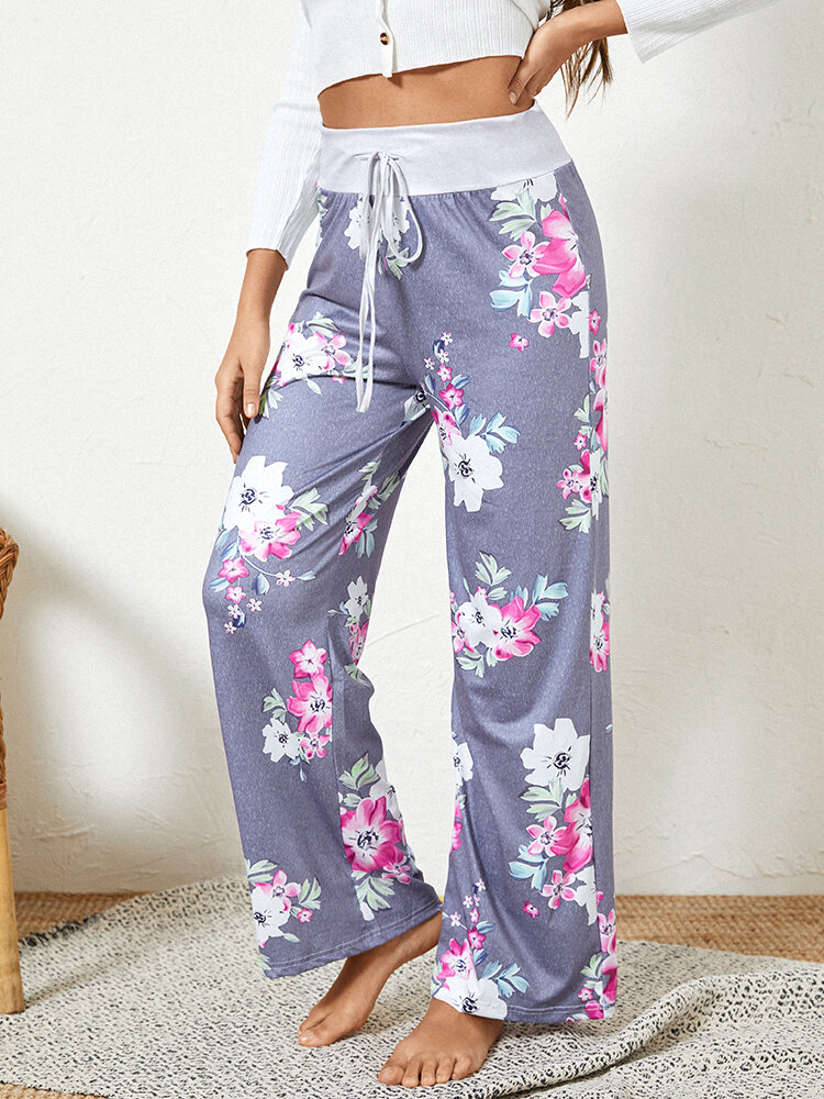 Plus-size dames bloemenprint koord taille losse casual thuis pyjama broek