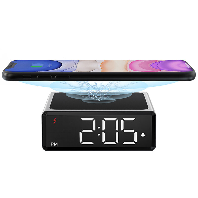 NOKLEAD Digital Alarm Clock with Qi Wireless Charger 10W Clear LED Display with 4 Brightness 12/24H 