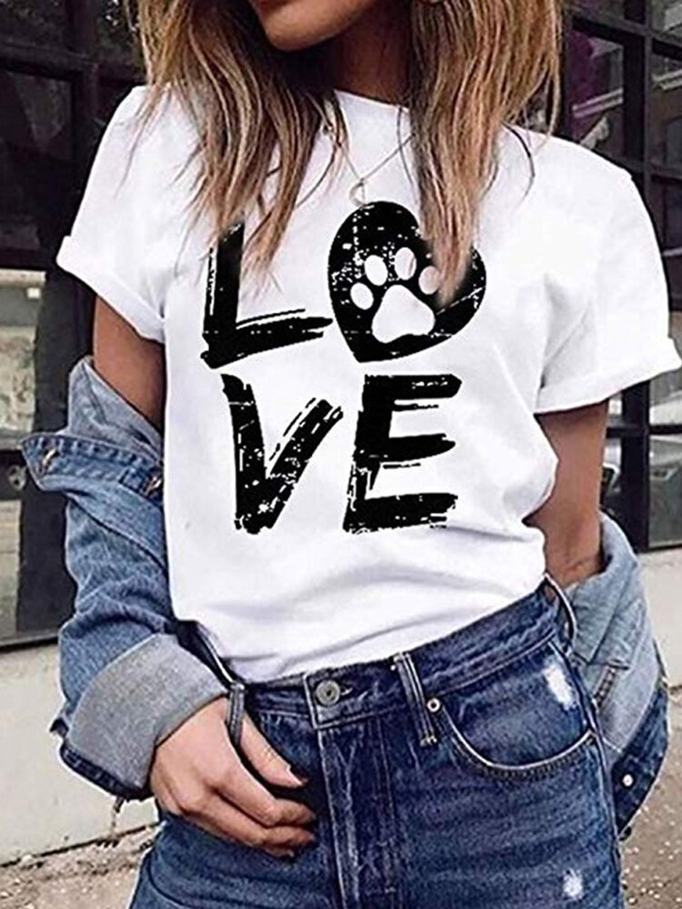 LOVE Print Round Neck Short Sleeve Casual T-shirts For Women