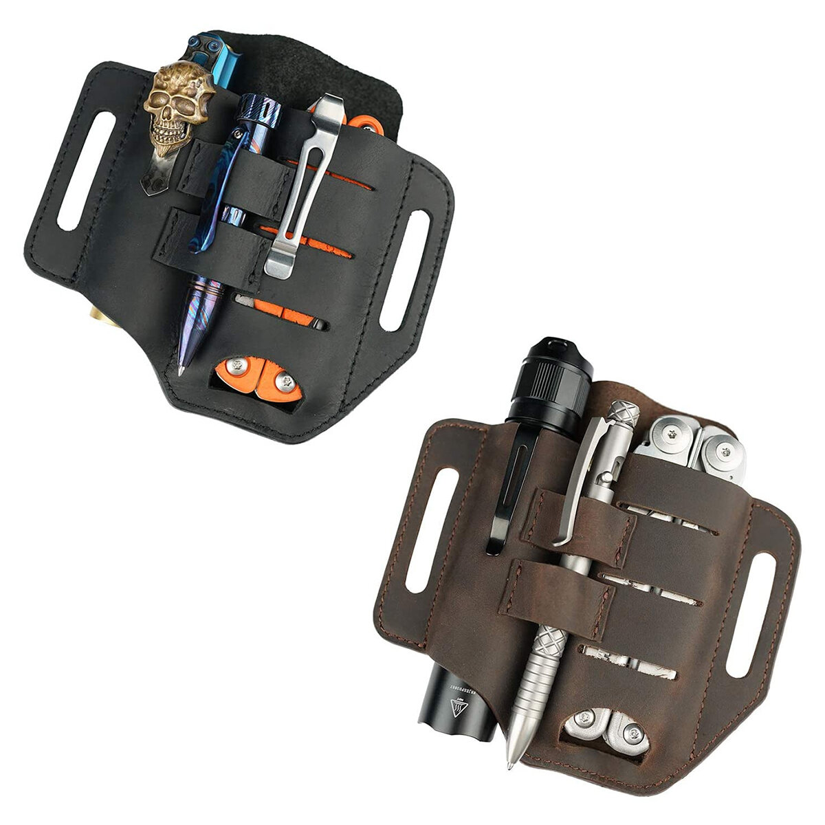 Bainha de couro para lanterna/caneta tática, organizador de bolso EDC com suporte para chave para cinto e lanterna para ferramentas externas