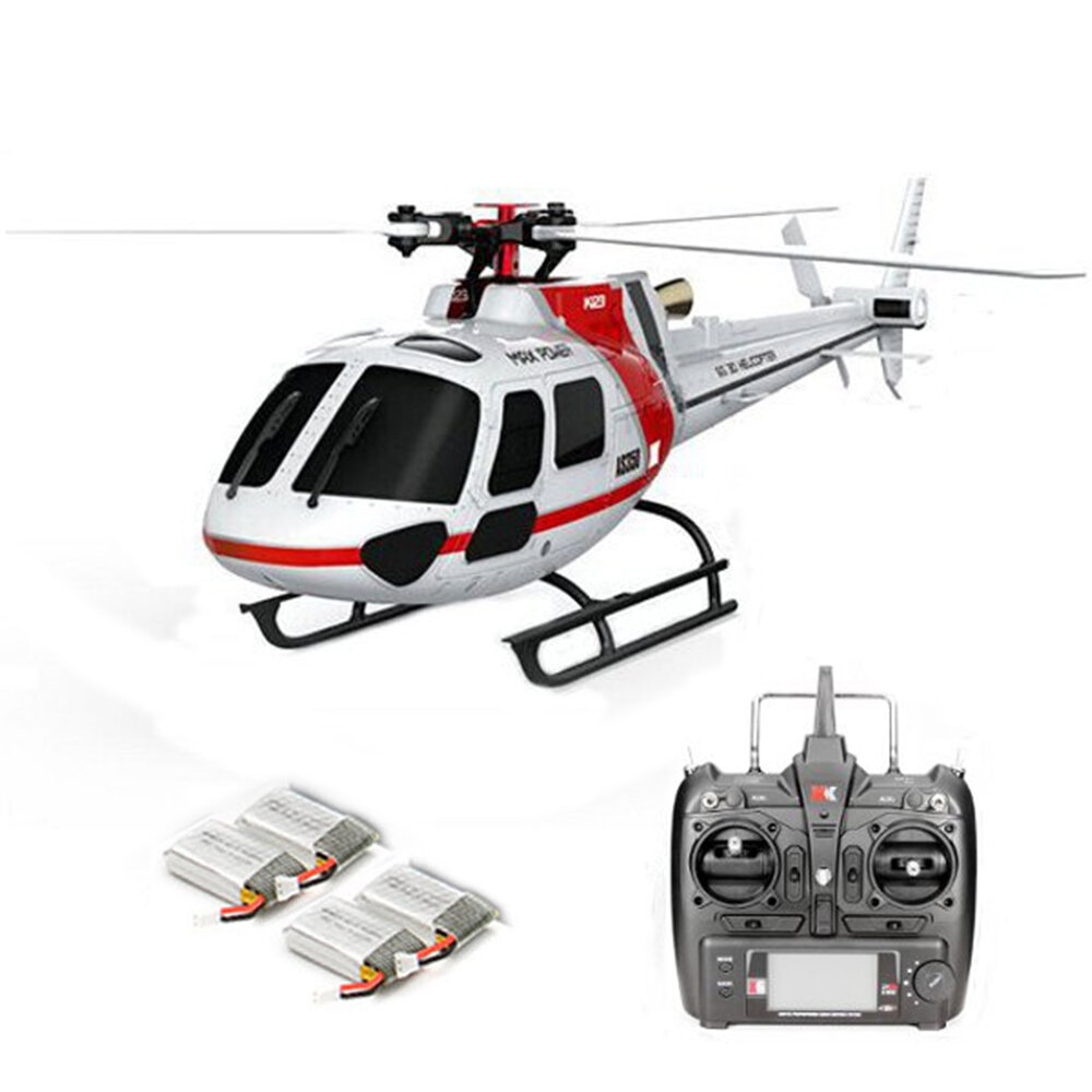 XK K123 6CH Brushless 3D6G System AS350 Scale RC Helicopter Compatible with FUTAB－A S－FHSS 4PCS 3.7V 500MAH Lipo Battery － RTF(With 4 batteries)