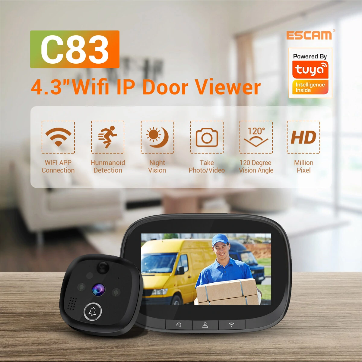 Στα 67,87€ από αποθήκη Κίνας | ESCAM C83 Wireless Doorbell 4.3inch WIFI IP Door Viewer HD Night Vision 120° can Take Photo and Video PIR Motion Detection Two Way Audio